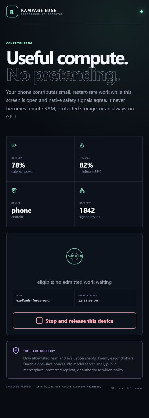 Rampage Edge mobile interface showing foreground status, battery and thermal telemetry, signed receipt count, lease pulse, STOP, and hard capability boundary