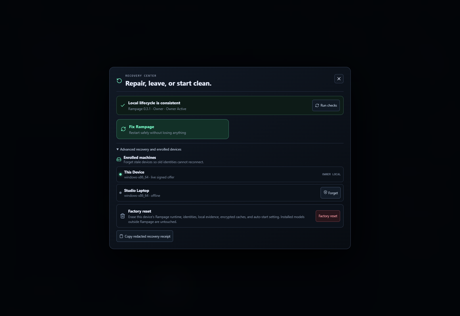 Rampage Recovery Center with Fix Rampage, enrolled machines, stale-device Forget, and factory reset