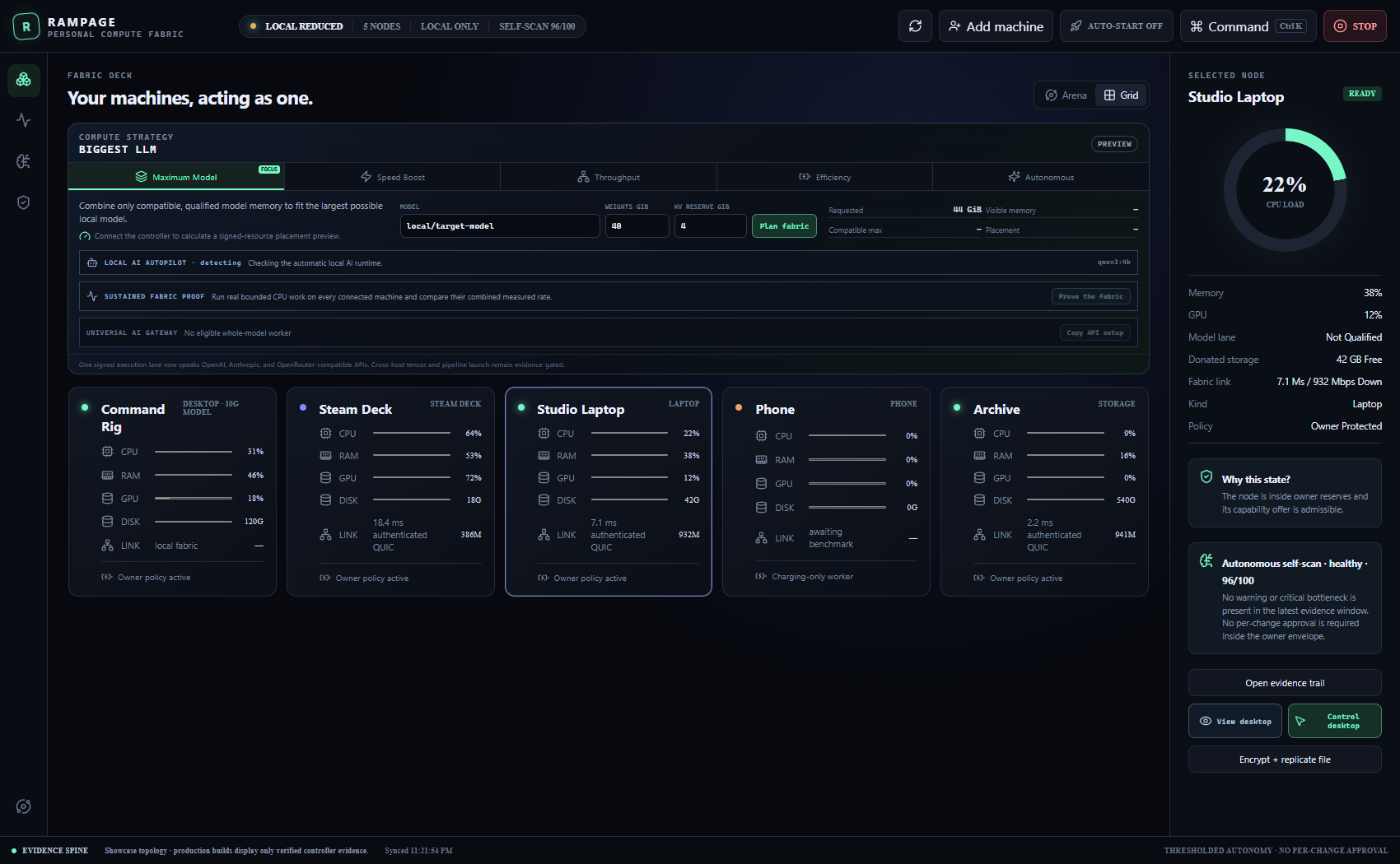 Rampage owner grid with a paired Studio Laptop selected and explicit View desktop and Control desktop actions