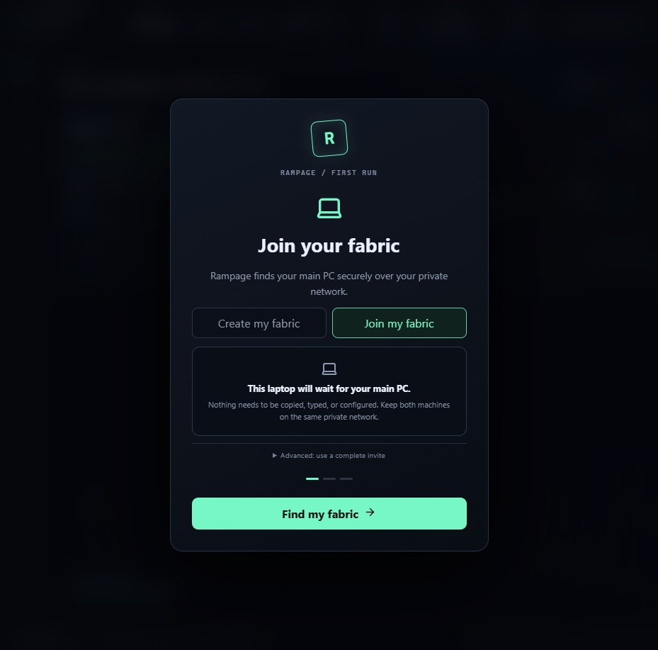 Rampage laptop onboarding with Join your fabric selected and a single Find my fabric action